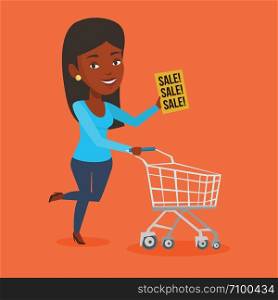 African woman running on big sale. Woman holding paper sheet with sale text. Woman with empty shopping trolley running in hurry to the store on sale. Vector flat design illustration. Square layout.. Woman running in hurry to the store on sale.