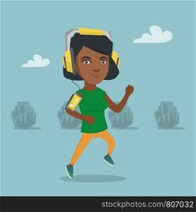 African woman running with earphones and armband for smartphone. Young woman using a smartphone with armband to listen to music while jogging in the park. Vector cartoon illustration. Square layout.. Young woman running with earphones and smartphone.