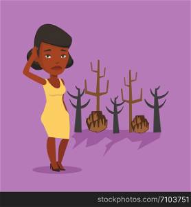 African woman scratching head on the background of dead forest. Dead forest caused by global warming or wildfire. Concept of environmental destruction. Vector flat design illustration. Square layout. Forest destroyed by fire or global warming.