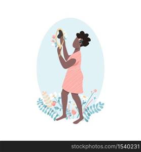African woman self love flat color vector faceless character. Positive female beauty. Woman look in mirror. Self acceptance isolated cartoon illustration for web graphic design and animation. African woman self love flat color vector faceless character