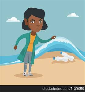 African woman showing plastic bottles under sea water. Young woman collecting plastic bottles from water. Water pollution and plastic pollution concept. Vector cartoon illustration. Square layout.. Woman showing plastic bottles under sea water.