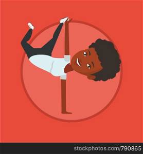African woman showing skills in break dance. Breakdance dancer doing handstand. Young woman dancing. Happy woman breakdancing. Vector flat design illustration in the circle isolated on background.. Young woman breakdancing vector illustration.