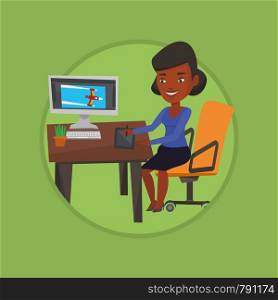 African woman sitting at desk and drawing on graphics tablet. Graphic designer using a digital graphics tablet, computer and pen. Vector flat design illustration in the circle isolated on background. Designer using digital graphics tablet.