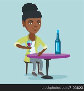 African woman sitting at the table with a glass and a bottle of wine. Young woman drinking wine in the restaurant. Woman enjoying a drink at the wine bar. Vector cartoon illustration. Square layout.. African woman drinking wine in the restaurant.