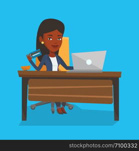 African woman sitting at the table with laptop and holding credit card in hand. Woman using laptop for online shopping. Woman shopping online at home. Vector flat design illustration. Square layout.. Woman shopping online vector illustration.