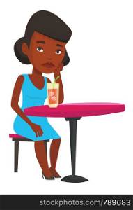 African woman sitting in bar and drinking cocktail. Woman sitting alone in bar with cocktail on the table. Woman drinking cocktail in bar. Vector flat design illustration isolated on white background.. Woman drinking cocktail at the bar.