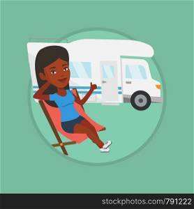 African woman sitting in chair and giving thumb up on the background of camper van. Woman enjoying her vacation in camper van. Vector flat design illustration in the circle isolated on background.. Woman sitting in chair in front of camper van.