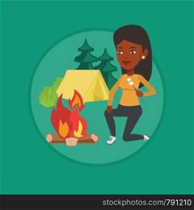African woman sitting near campfire with marshmallow. Woman roasting marshmallow over campfire. Tourist relaxing near campfire. Vector flat design illustration in the circle isolated on background.. Woman roasting marshmallow over campfire.