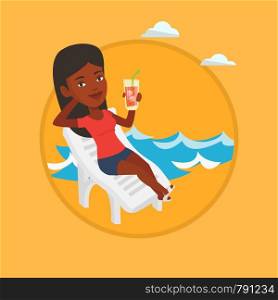 African woman sitting on a beach chair. Woman drinking a cocktail on a beach chair. Joyful woman on a beach chair with cocktail. Vector flat design illustration in the circle isolated on background.. Woman relaxing on beach chair vector illustration.