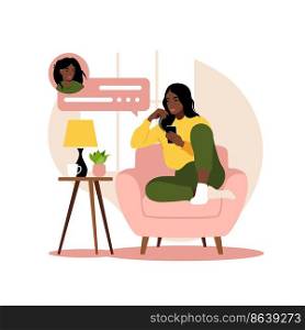 African woman sitting on sofa with phone. Working in phone. Freelance, online education or social media concept. Flat style. Vector illustration isolated on white.