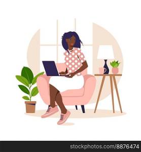 African woman sitting on the armchair with laptop. Working on a computer. Freelance, online educatin or social media concept. Working from home, remote job. Flat style. Vector illustration. Pink.. African woman sitting on the armchair with laptop. Working on a computer. Freelance, online education or social media concept. Working from home, remote job. Flat style. Vector illustration. Pink.