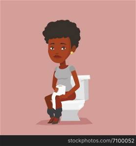 African woman sitting on toilet bowl and suffering from diarrhea. Woman holding toilet paper roll and suffering from diarrhea. Girl sick with diarrhea. Vector flat design illustration. Square layout.. Woman suffering from diarrhea or constipation.