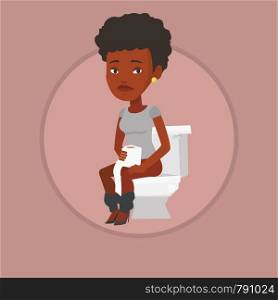African woman sitting on toilet bowl and suffering from diarrhea. Woman holding toilet paper roll and suffering from diarrhea. Vector flat design illustration in the circle isolated on background.. Woman suffering from diarrhea or constipation.