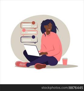 African woman sitting with laptop. Concept illustration for working, studying, education, work from home, healthy lifestyle. Can use for backgrounds, infographics, hero images. Flat. Vector.