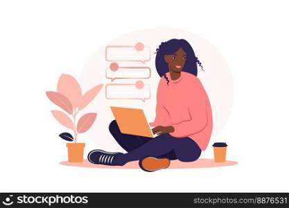 African woman sitting with laptop. Concept illustration for working, studying, education, work from home, healthy lifestyle. Can use for backgrounds, infographics, hero images. Flat. Vector .. African woman sitting with laptop. Concept illustration for working, studying, education, work from home, healthy lifestyle. Can use for backgrounds, infographics, hero images. Flat. Vector.