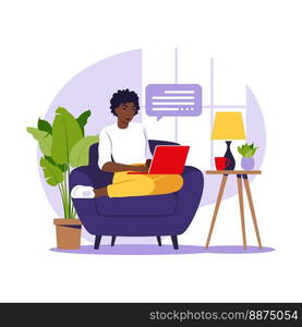 African woman sitting with laptop on armchair. Concept illustration for working, studying, education, work from home. Flat. Vector illustration.