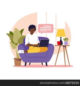 African woman sitting with laptop on armchair. Concept illustration for working, studying, education, work from home. Flat. Vector illustration.