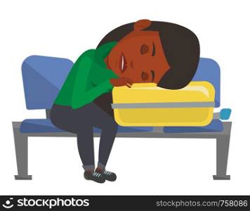 African woman sleeping on luggage in airport. Woman sleeping on suitcase at airport. Woman waiting for a flight and sleeping on suitcase. Vector flat design illustration isolated on white background.. Exhausted woman sleeping on suitcase at airport.