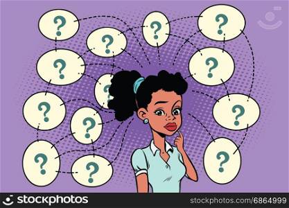 African woman solves the problem, questions and reflections. Comic book cartoon pop art retro color illustration drawing. African woman solves the problem, questions and reflections