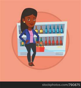 African woman standing in alcohol store with pack of beer on the background of refrigerator. Beer lover holding pack with bottles. Vector flat design illustration in circle isolated on background.. Woman with pack of beer at supermarket.
