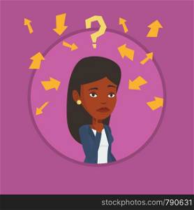African woman standing under question mark and arrows. Businesswoman thinking. Businesswoman surrounded by question mark and arrows Vector flat design illustration in the circle isolated on background. Young business woman thinking vector illustration.