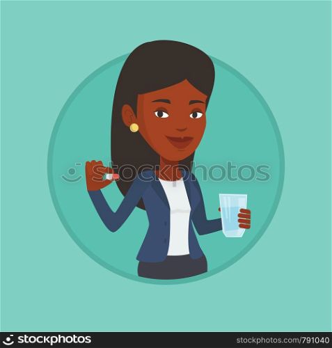 African woman taking pills. Woman holding pills and glass of water in hands. Woman taking vitamins. Healthy lifestyle concept. Vector flat design illustration in the circle isolated on background.. Young african-american woman taking pills.