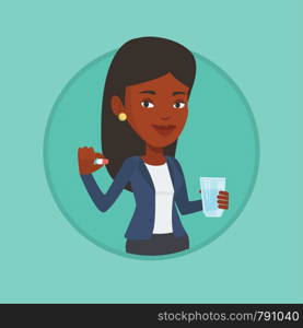 African woman taking pills. Woman holding pills and glass of water in hands. Woman taking vitamins. Healthy lifestyle concept. Vector flat design illustration in the circle isolated on background.. Young african-american woman taking pills.