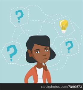 African woman thinking about new idea for business. Young business woman standing with question marks and light bulb above her head. Business idea concept. Vector cartoon illustration. Square layout.. Young woman thinking about new idea for business.