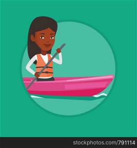 African woman traveling by kayak. Sportswoman riding in a kayak in the river. Female kayaker paddling. Woman paddling a canoe. Vector flat design illustration in the circle isolated on background.. Woman riding in kayak vector illustration.