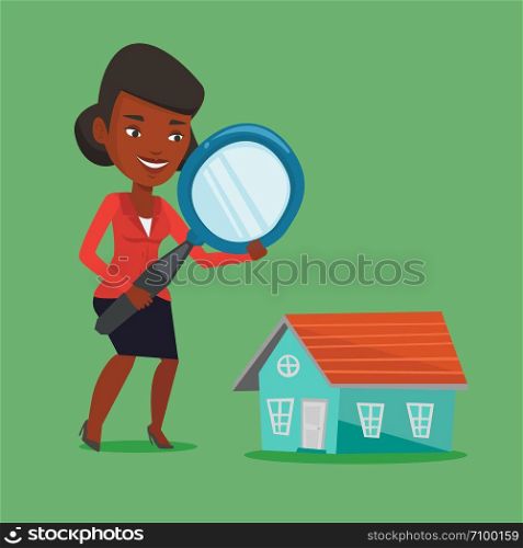 African woman using a magnifying glass for looking for a new house. Woman with a magnifying glass checking a house. Woman analyzing house with loupe. Vector flat design illustration. Square layout.. Woman looking for house vector illustration.