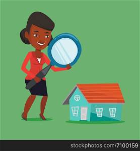 African woman using a magnifying glass for looking for a new house. Woman with a magnifying glass checking a house. Woman analyzing house with loupe. Vector flat design illustration. Square layout.. Woman looking for house vector illustration.