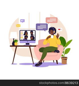 African woman using computer for collective virtual meeting and group video conference. Man at desktop chatting with friends online. Video conference, remote work, technology concept.