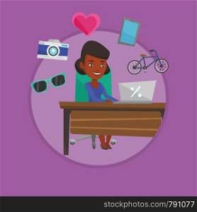 African woman using laptop for online shopping. Woman doing online shopping. Woman buying in online shop. Girl buying on internet Vector flat design illustration in the circle isolated on background. Woman shopping online vector illustration.