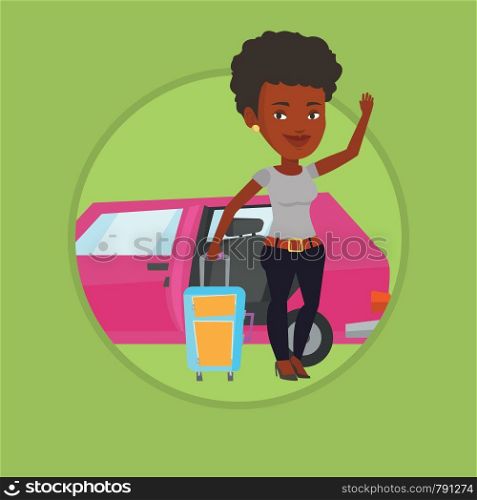 African woman waving in front of car. Woman with suitcase standing on the background of open car door. Woman going to vacation by car. Vector flat design illustration in circle isolated on background.. African-american woman traveling by car.