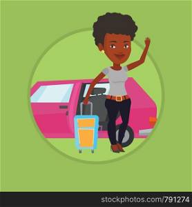 African woman waving in front of car. Woman with suitcase standing on the background of open car door. Woman going to vacation by car. Vector flat design illustration in circle isolated on background.. African-american woman traveling by car.