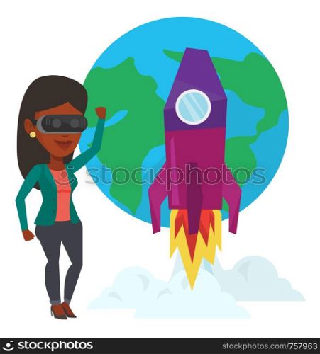 African woman wearing futuristic virtual reality glasses and playing video game. Woman in virtual reality headset flying in open space. Vector flat design illustration isolated on white background.. Woman in vr headset flying in open space.
