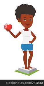 African woman weighing after diet. Woman satisfied with the result of her diet. Woman on a diet. Dieting and healthy lifestyle concept. Vector flat design illustration isolated on white background.. Woman standing on scale and holding apple in hand.