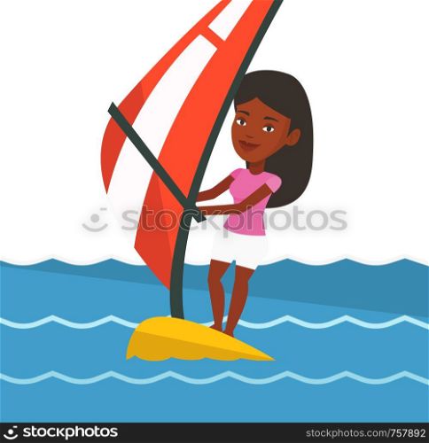 African woman windsurfing in the sea. Woman standing on the board with sail and learning to windsurf. Windsurfer training on the water. Vector flat design illustration isolated on white background.. Young woman windsurfing in the sea.