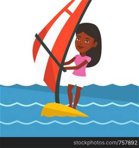 African woman windsurfing in the sea. Woman standing on the board with sail and learning to windsurf. Windsurfer training on the water. Vector flat design illustration isolated on white background.. Young woman windsurfing in the sea.