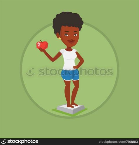 African woman with apple weighing after diet. Woman satisfied with result of her diet. Dieting and healthy lifestyle concept. Vector flat design illustration in the circle isolated on background.. Woman standing on scale and holding apple in hand.