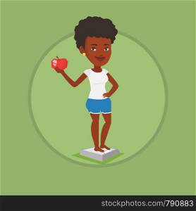 African woman with apple weighing after diet. Woman satisfied with result of her diet. Dieting and healthy lifestyle concept. Vector flat design illustration in the circle isolated on background.. Woman standing on scale and holding apple in hand.