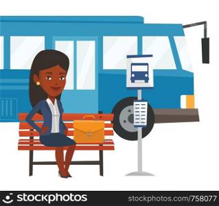 African woman with briefcase waiting at the bus stop. Businesswoman sitting at the bus stop. Businesswoman sitting on a bus stop bench. Vector flat design illustration isolated on white background.. Business woman waiting at the bus stop.