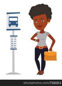 African woman with briefcase waiting at the bus stop. Businesswoman standing at the bus stop. Woman looking at her watch at the bus stop. Vector flat design illustration isolated on white background. Woman waiting at the bus stop vector illustration.