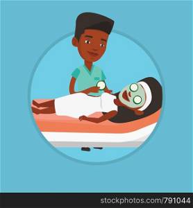 African woman with face mask relaxing in beauty salon. Cosmetologist applying cosmetic mask on face of woman in beauty salon. Vector flat design illustration in the circle isolated on background.. Cosmetologist making beauty treatments to woman.