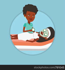 African woman with face mask relaxing in beauty salon. Cosmetologist applying cosmetic mask on face of woman in beauty salon. Vector flat design illustration in the circle isolated on background.. Cosmetologist making beauty treatments to woman.