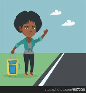 African woman with s suitcase hitchhiking on the roadside. Hitchhiking woman trying to stop a car on a highway. Woman catching a taxi car by waving hand. Vector cartoon illustration. Square layout.. Young african woman with a suitcase hitchhiking.