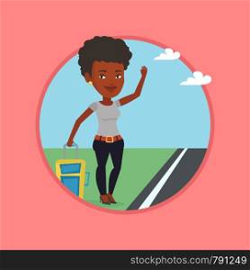 African woman with suitcase hitchhiking on roadside. Hitchhiking woman trying to stop a car on a highway. Woman catching taxi car. Vector flat design illustration in the circle isolated on background.. Young woman hitchhiking vector illustration.