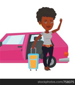African woman with suitcase standing on the background of open car door. Woman waving in front of car. Woman going to vacation by car. Vector flat design illustration isolated on white background.. African-american woman traveling by car.