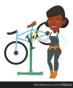 African woman working in bike workshop. Technician fixing bicycle. Bicycle mechanic repairing bicycle. Woman installing spare part bike. Vector flat design illustration isolated on white background.. African bicycle mechanic working in repair shop.