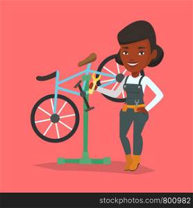 African woman working in bike workshop. Technician fixing bicycle in repair shop. Bicycle mechanic repairing bicycle. Woman installing spare part bike. Vector flat design illustration. Square layout. African bicycle mechanic working in repair shop.